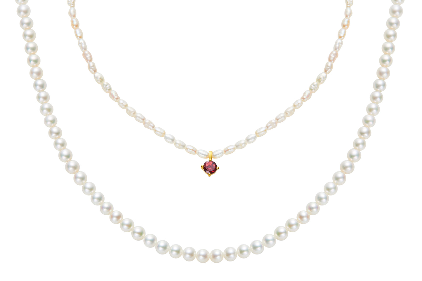 Charlotte freshwater pearl necklace with garnet stone pendant