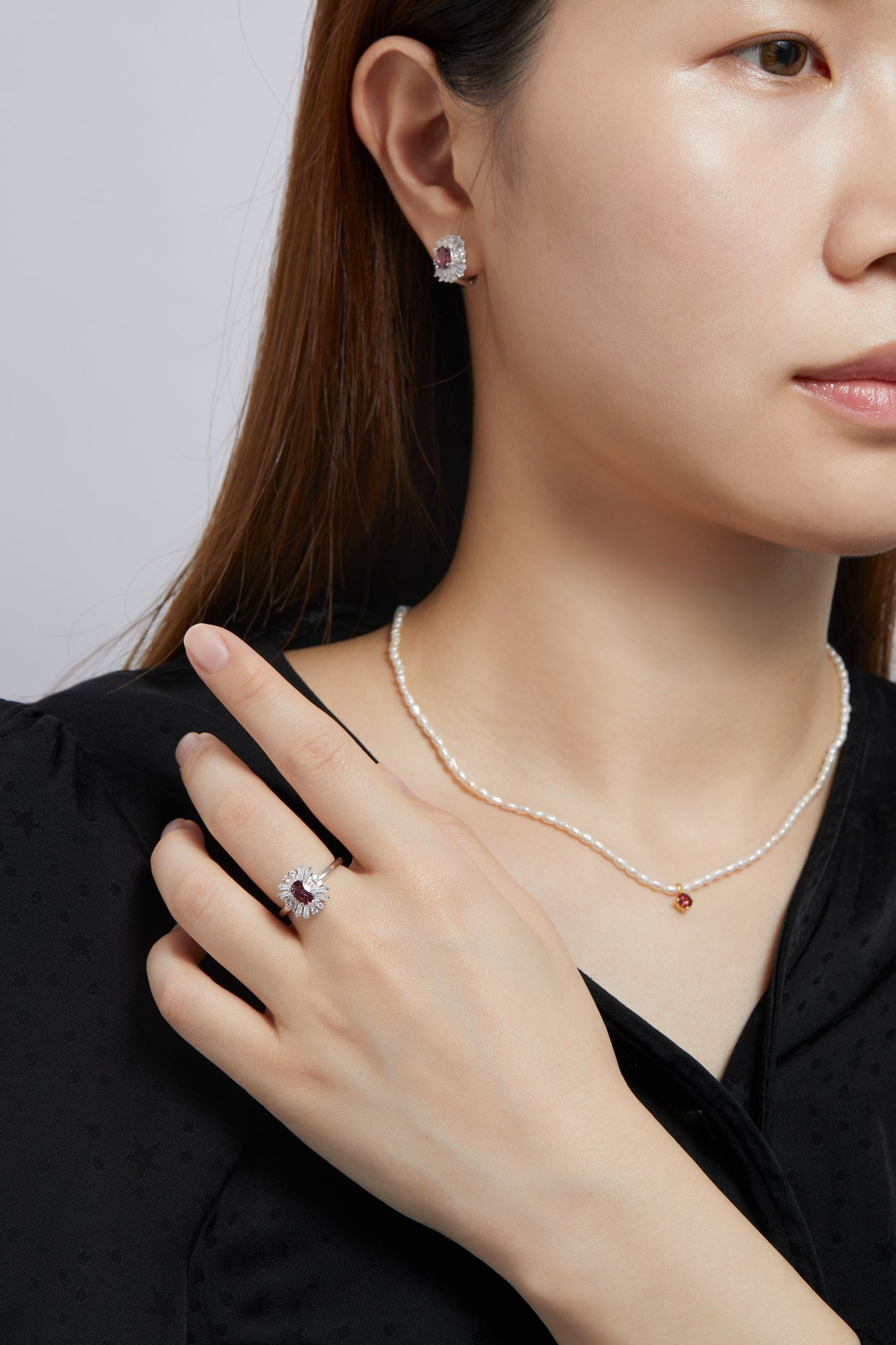 Charlotte freshwater pearl necklace with garnet stone pendant