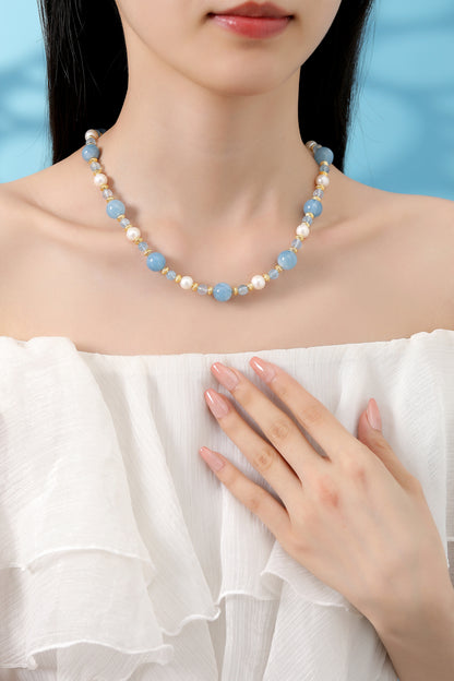 Seabreeze Aquamarine and Pearl 9K Necklace