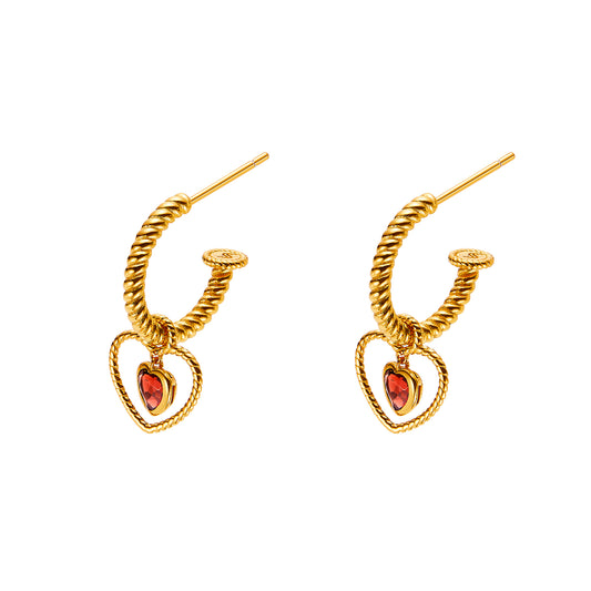 Lover's Eyes Earrings Set with Twisted Hoop and Heart-shaped Garnet Pendant