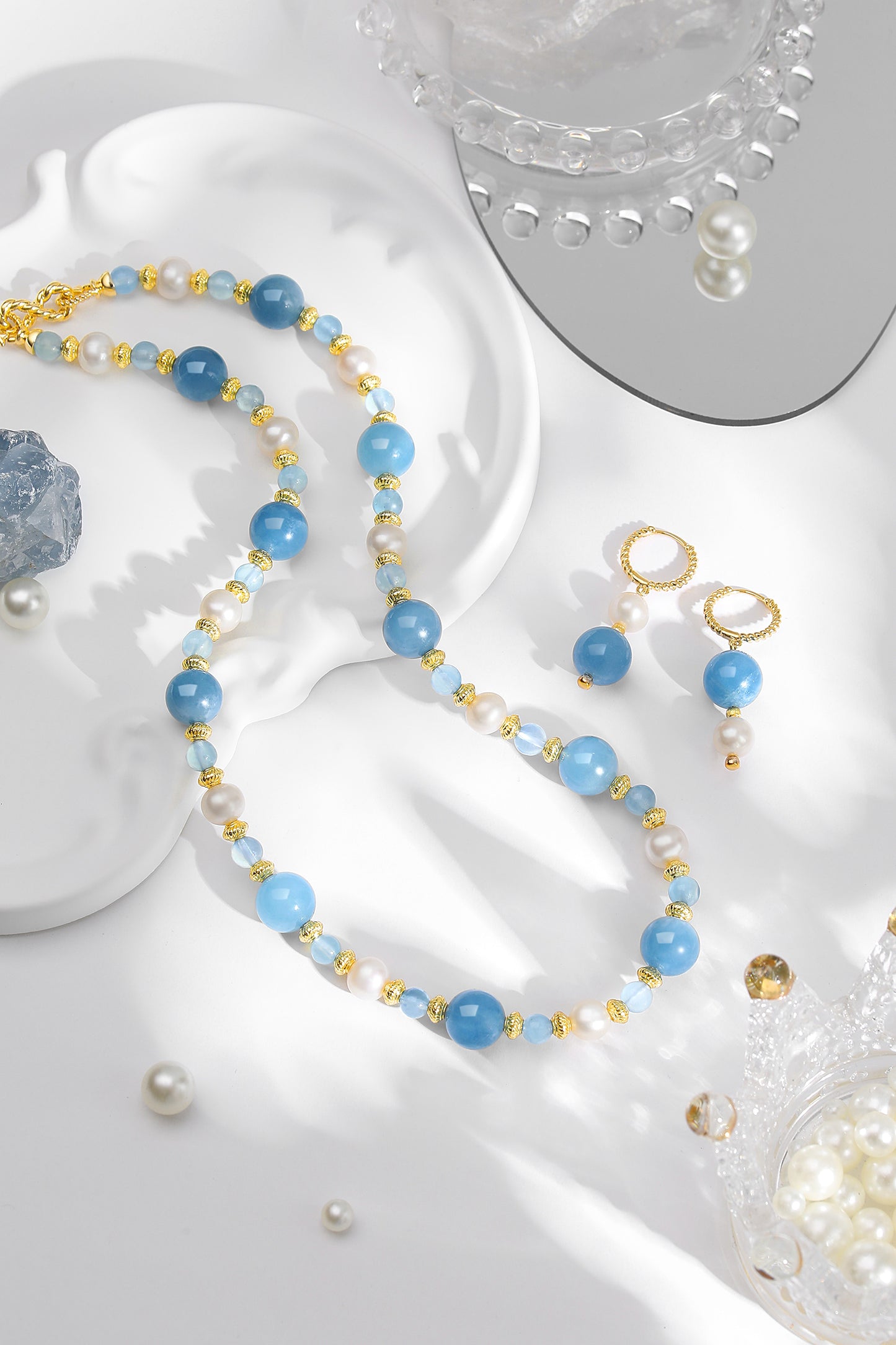 Seabreeze Aquamarine and Pearl 9K Necklace