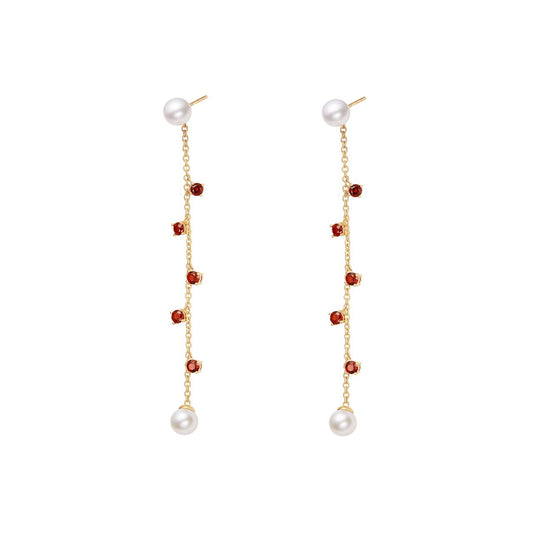 Lady Garnet Pearl Chain Earrings